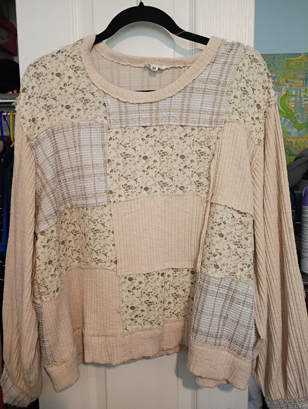 POL Beige Patchwork Floral Crewneck Sweatshirt